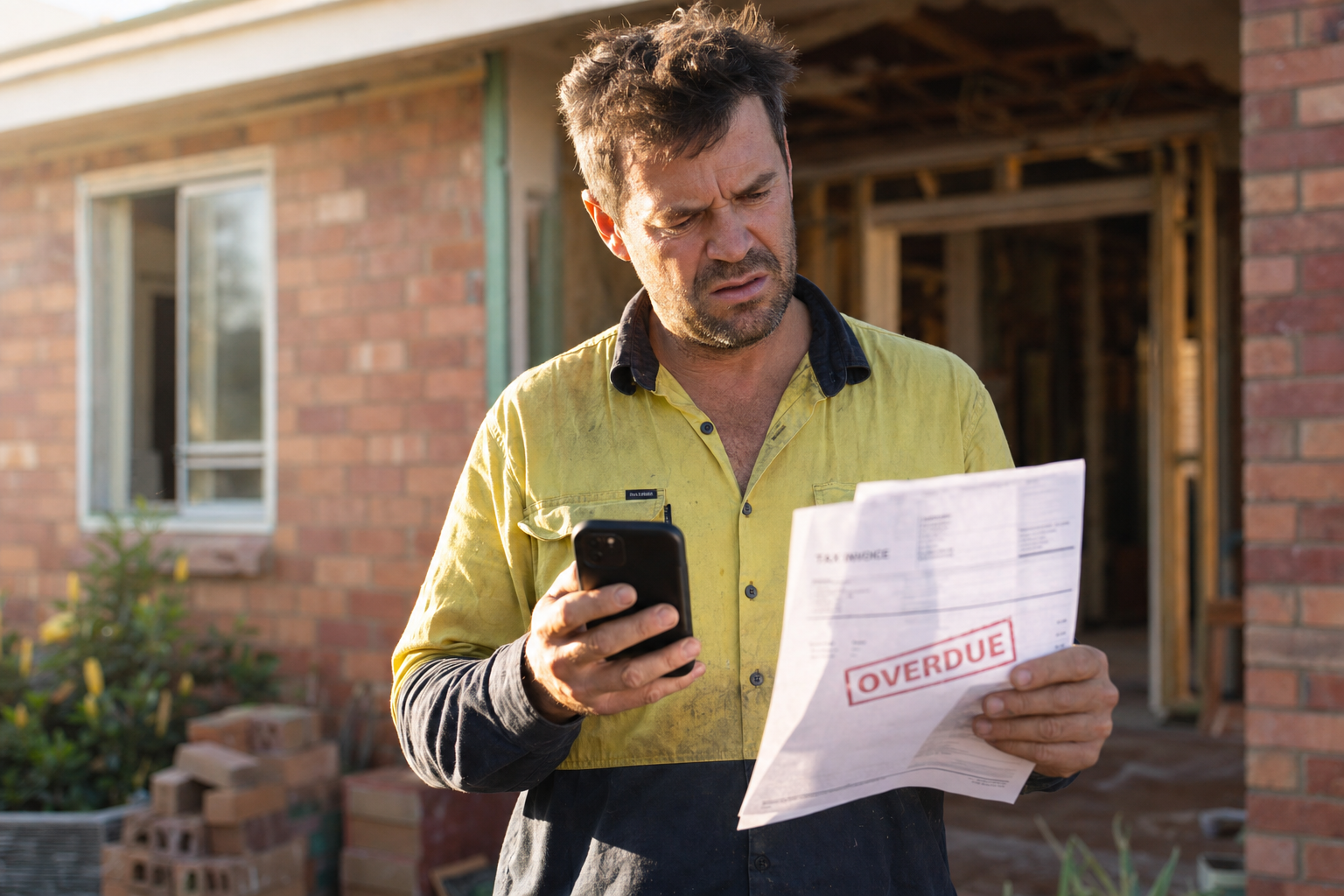 Australian tradesman checking his phone with a frustrated expression, holding an overdue invoice on a residential job site