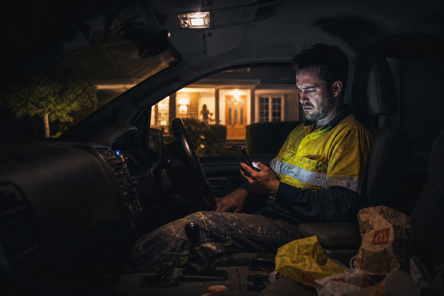 Tradesman reviewing a quote on his phone in his work ute at the end of the day