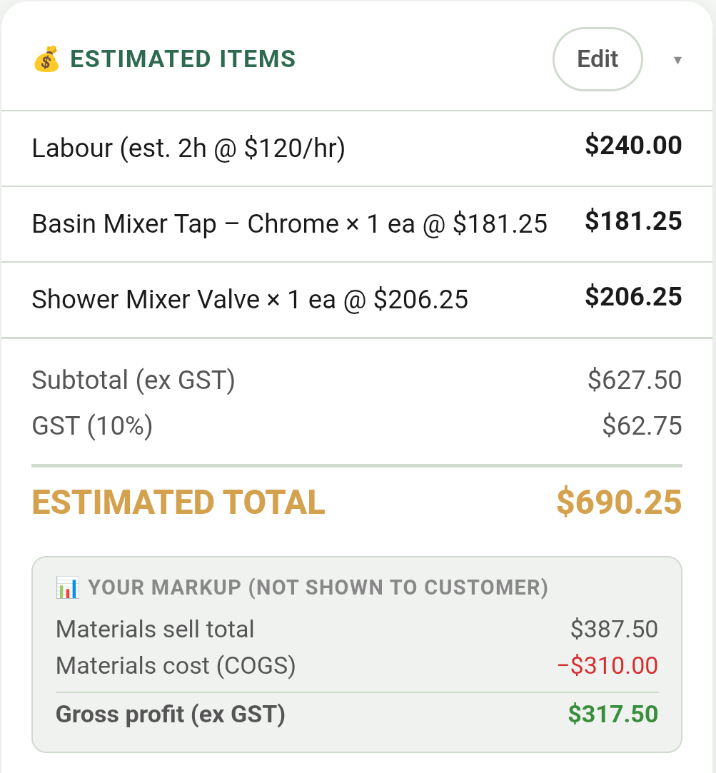 VerbalIt quote review showing line items, GST calculation, and markup breakdown