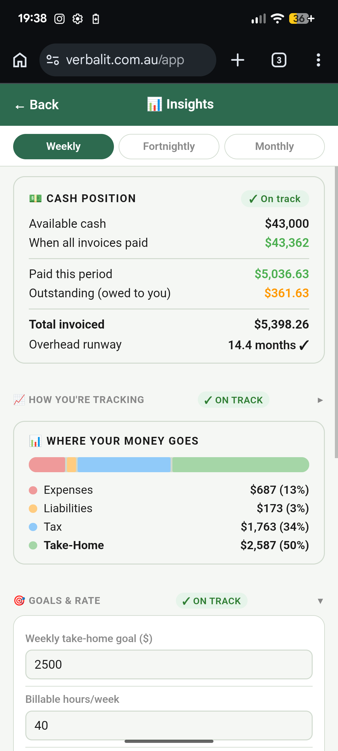 VerbalIt Insights Overview tab showing cash position, money flow and burn rate
